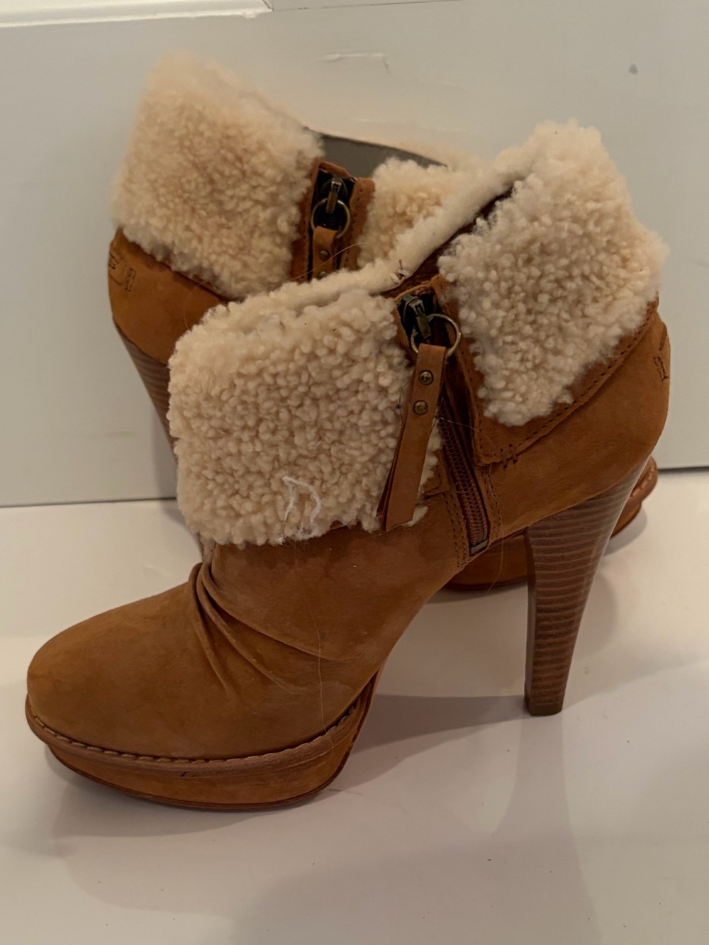 UGG Georgette Chestnut Suede Shearling Cuff High-Heel Ankle Boots - Picture 5 of 11